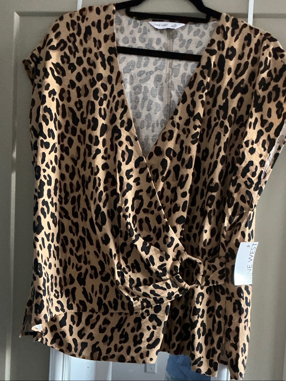 Nine West Black and Tan Leopard Print Wrap Blouse